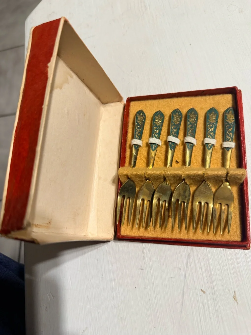 Vintage Brass Dessert Fork Set with Teal Floral Handles